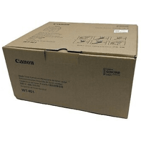 Brown cardboard box labeled "Canon" with model number "WT-401," featuring printed instructions and graphics for toner waste disposal.