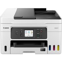 White Canon GX4050 inkjet printer with LCD screen, Wi-Fi, and visible ink tanks for cyan, magenta, yellow, and black.