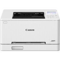 White Canon i-SENSYS LBP647Cdw laser printer with LCD screen and front paper tray.