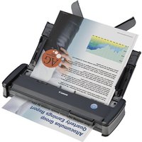 Compact black Canon imageFORMULA P-215II sheet-fed scanner with paper trays and document being scanned.