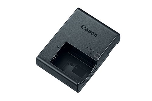 Black Canon LC-E17E battery charger with a slot for LP-E17 batteries, featuring indicator lights for charging status labeled "CHARGE" and "FULL."