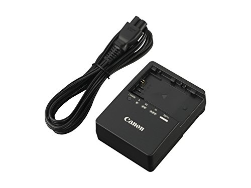 Canon LC-E6E battery charger in black with a charging slot, indicator lights, and a power cable, designed for Canon camera batteries.