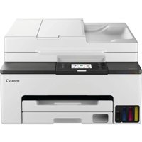 Canon MAXIFY GX2050 printer, white with black accents, touchscreen, and visible ink tanks on the front.