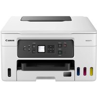 Canon MAXIFY GX3050 white inkjet printer with front control panel, LCD screen, and visible ink tanks.