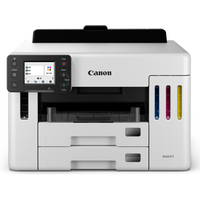 White Canon MAXIFY GX5550 A4 colour inkjet printer with touchscreen, dual paper trays, and visible ink level indicators.