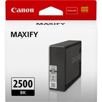 Canon PGI-2500BK black ink cartridge in rectangular packaging with red Canon logo and MAXIFY branding.