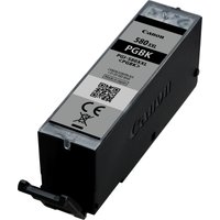 Canon PGI-580XXL black ink cartridge, rectangular shape, black and silver label with QR code and model details.