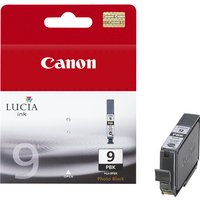 Canon PGI-9PBK Photo Black Ink Cartridge, black rectangular design with label, next to red and white packaging.