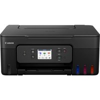 Black Canon PIXMA G3590 inkjet printer with LCD screen, control buttons, and visible ink tanks on the front.