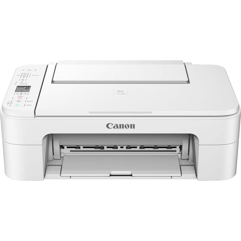 White Canon PIXMA TS3351 inkjet printer with a sleek design, featuring a control panel on the top, an open paper tray at the front, and Wi-Fi connectivity for wireless printing.