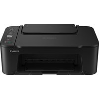 Black Canon PIXMA TS3750i printer with flatbed scanner, control panel on the left, and paper tray at the back.