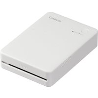 White Canon SELPHY QX20 photo printer, compact design, dye-sublimation, 287 x 287 DPI, with a sleek rectangular shape.