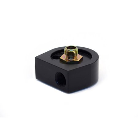 Black aluminum oil input adapter with a rounded edge, featuring a gold-colored hex nut and a threaded port, designed for universal sandwich style applications, measuring 20MM.