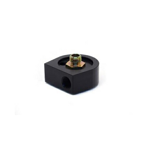 Black aluminum oil input adapter with a sandwich style design, featuring a brass fitting and a threaded hole, designed for 3/4 -16 and 2 5/8 inch applications.