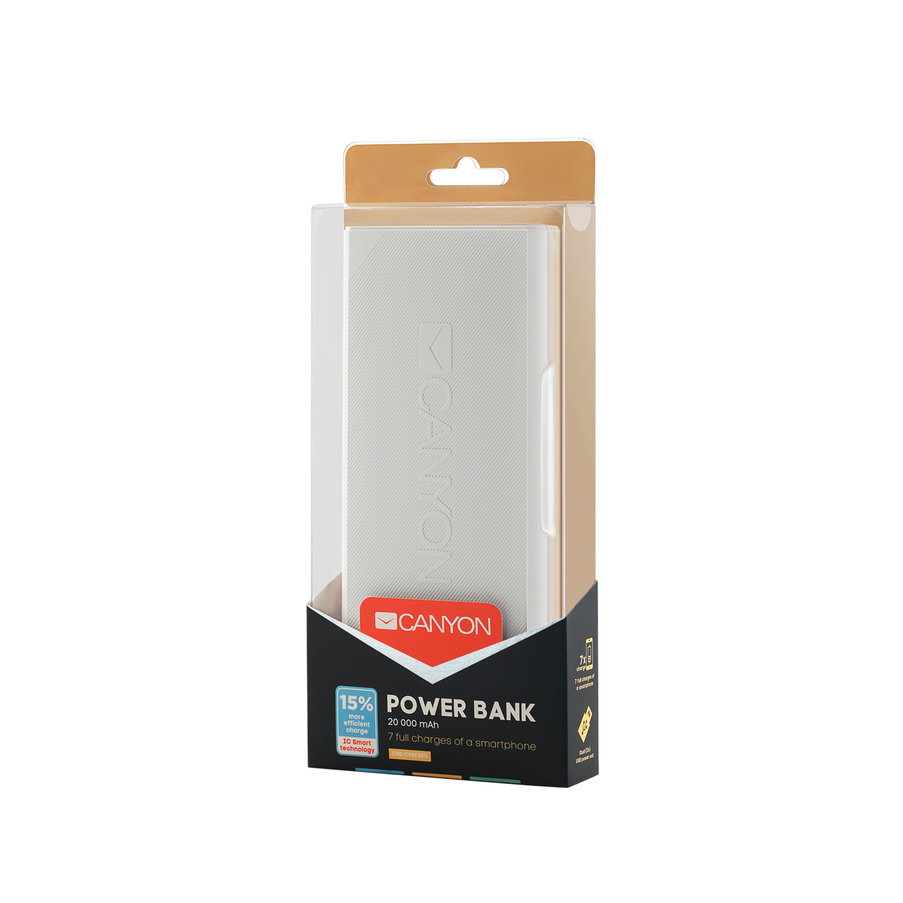 White Canyon power bank with 20000 mAh capacity, featuring dual 5V USB ports (max 2.4A), packaged in a clear box with a gold and black design.