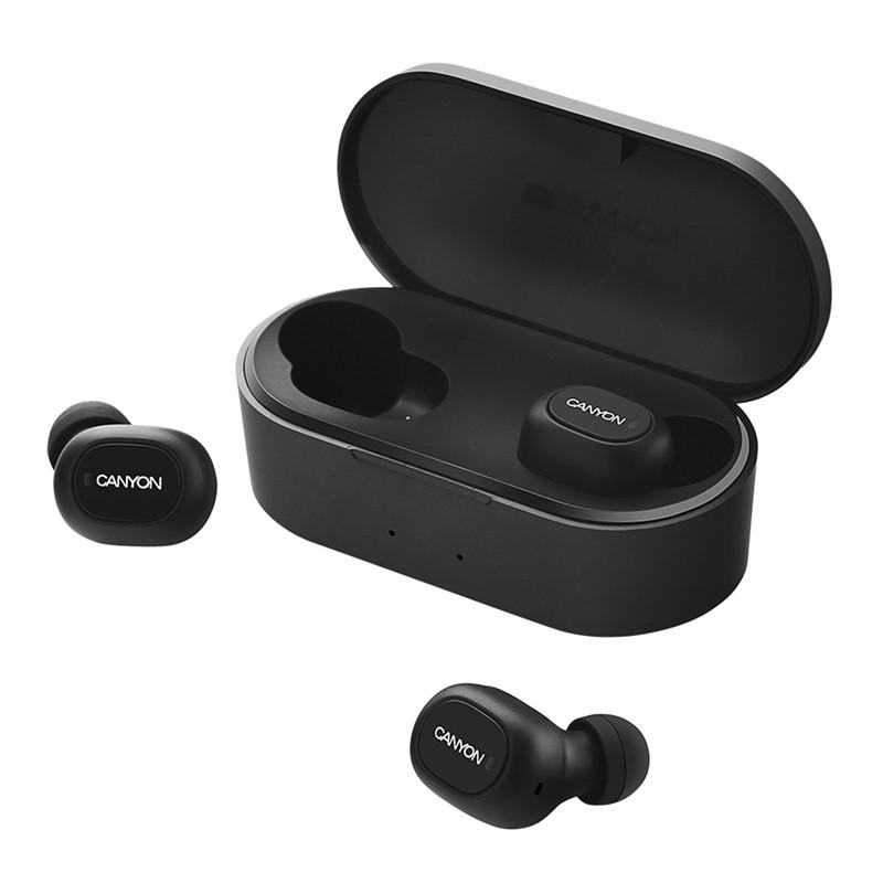 Wireless in-ear headphones in sleek black with a compact charging case, featuring a minimalist design and the Canyon logo on each earbud.