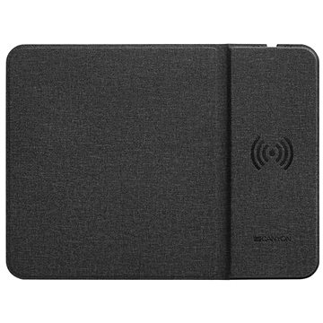 Black fabric mouse pad with a textured surface, featuring a wireless charging area marked by a circular icon and the Canyon logo in the bottom right corner.