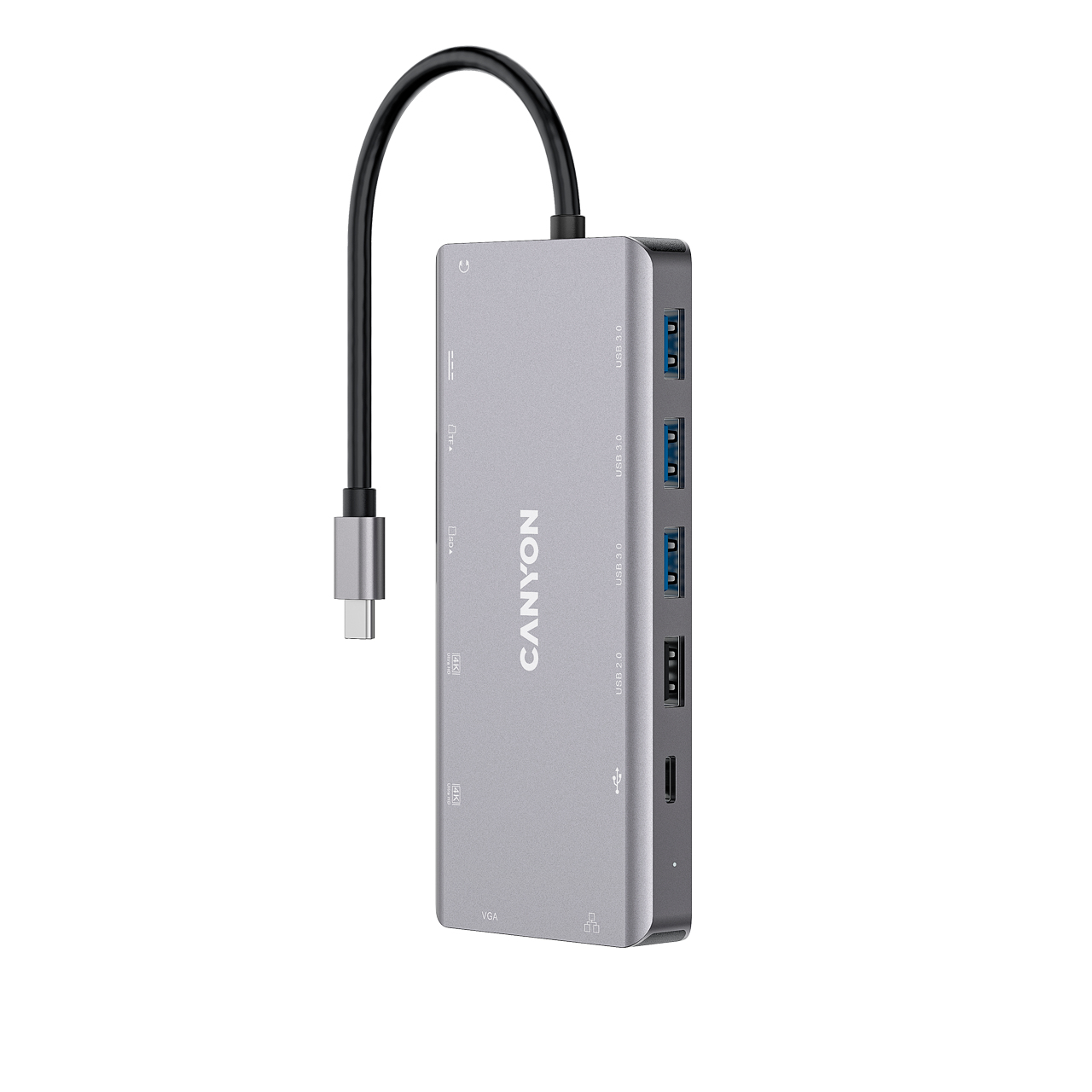 Canyon DS-12 multiport hub in silver, featuring 13 ports including dual HDMI, VGA, LAN, audio, card reader, and three USB-A ports, with a USB-C connector.