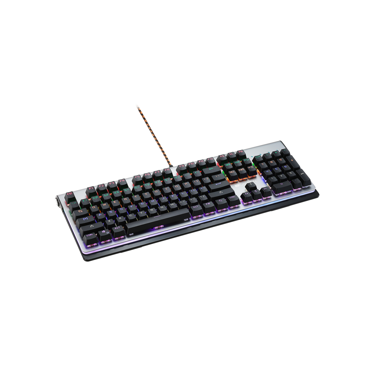 Canyon Interceptor Gaming Keyboard in grey with USB connection, featuring a QWERTY layout, customizable RGB backlighting, and a sleek design with mechanical-like keys.