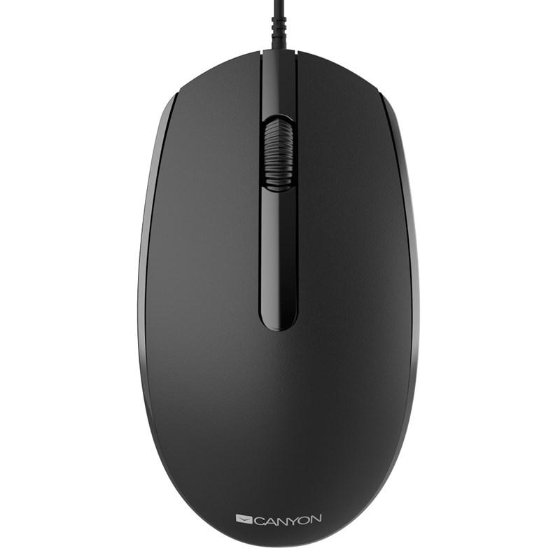 Black ambidextrous Canyon M-10 optical mouse with a smooth matte finish, USB Type-A connector, and a scroll wheel, featuring a 1000 DPI sensitivity for precise control.