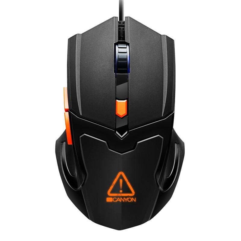 Canyon Vigil 6 button optical mouse in black, featuring a sleek design, orange accents, a blue scroll wheel, and an illuminated Canyon logo on the base.