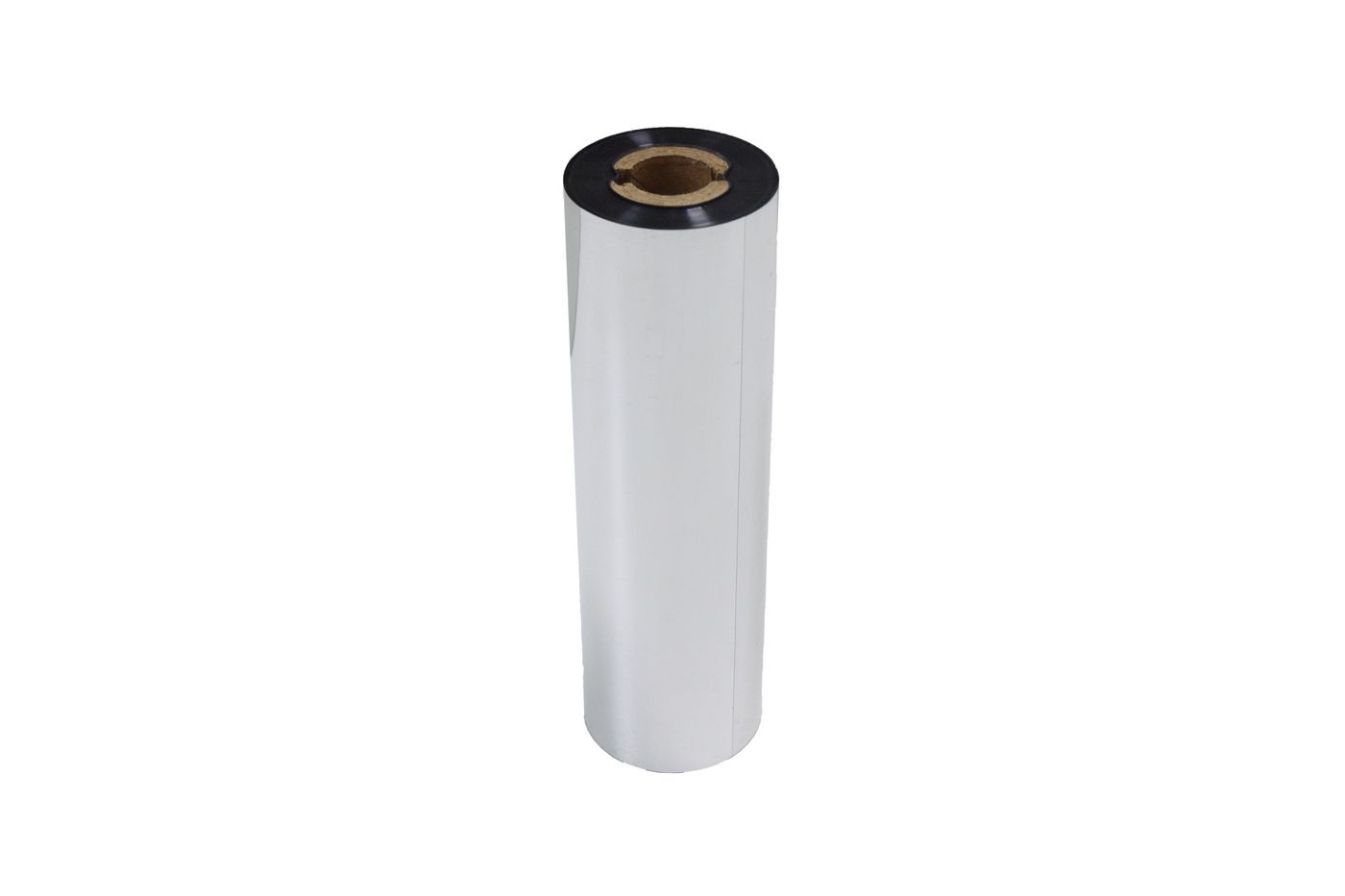Shiny silver printer ribbon roll with a black core, designed for use with Capture printers, featuring a smooth, reflective surface.