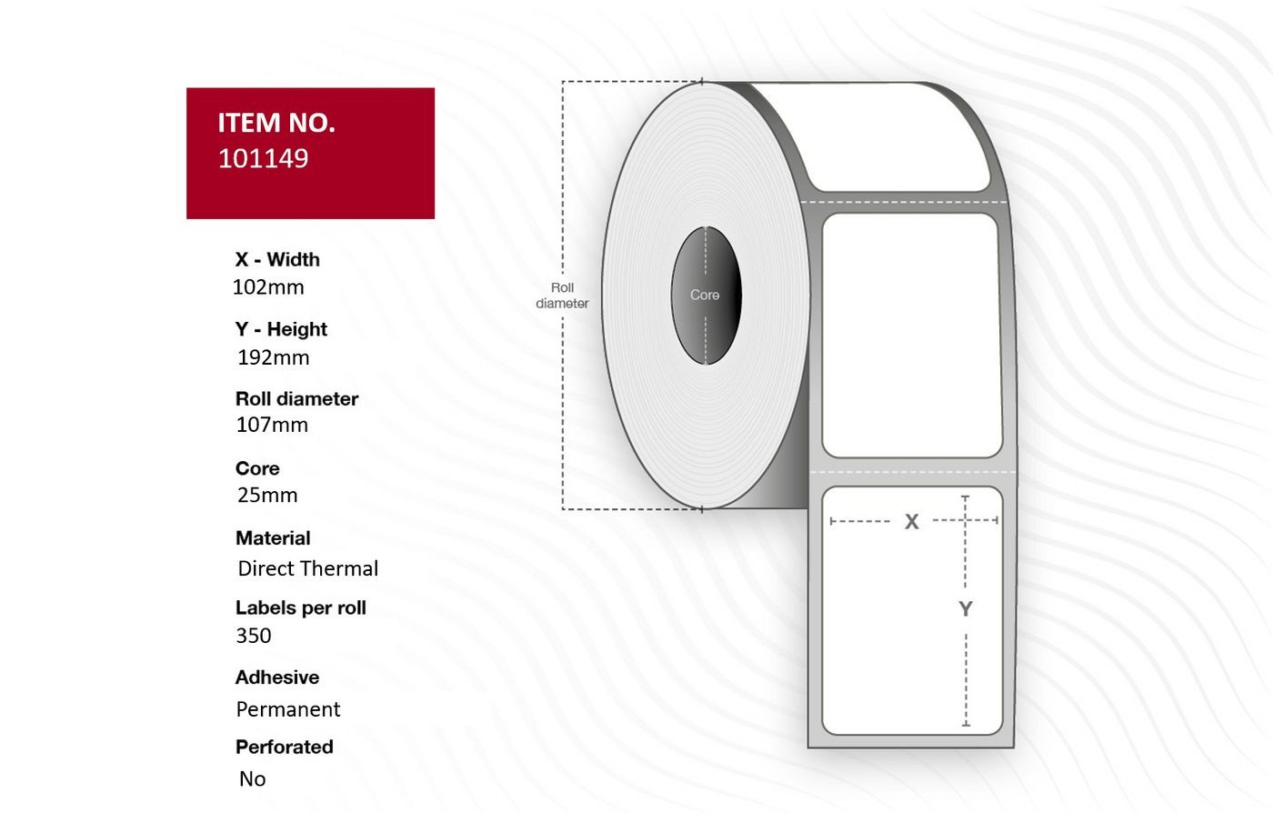 White roll of direct thermal labels measuring 102mm wide and 192mm high, with a core diameter of 25mm, featuring a perforated design for easy separation.