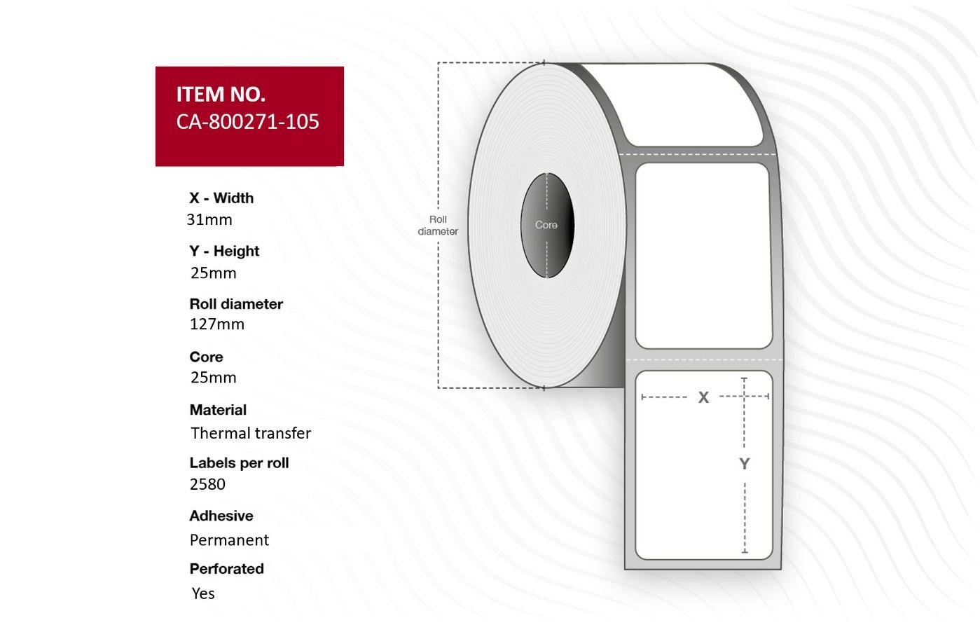 White thermal transfer label roll with a core diameter of 25mm, featuring dimensions of 31mm width and 25mm height, and a total of 2580 perforated labels per roll.