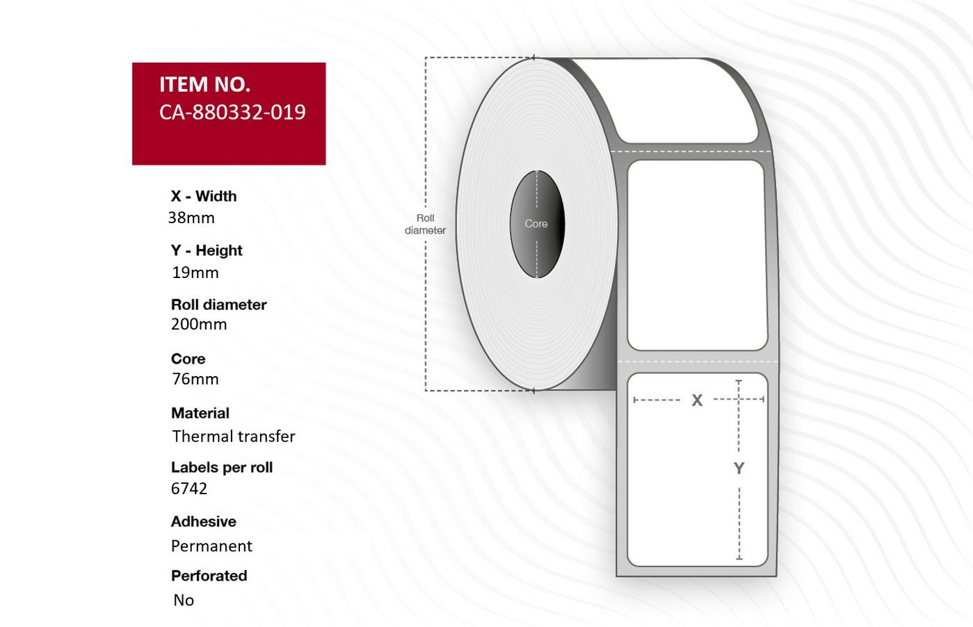 White thermal transfer labels on a roll, measuring 38mm wide and 19mm high, with a core diameter of 76mm and a total of 6742 labels per roll.