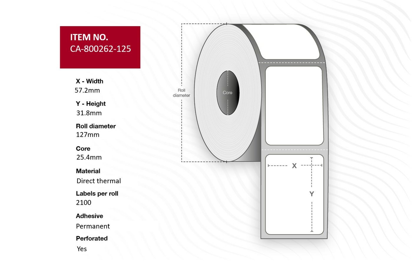 White label roll with a core diameter of 127mm, featuring dimensions of 57.2mm x 31.8mm, made from direct thermal material, with 2100 perforated labels per roll.