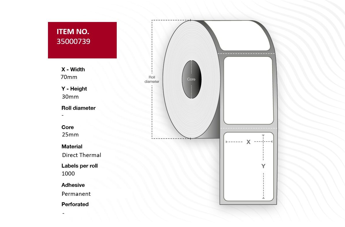 White direct thermal label roll with a width of 70mm, height of 30mm, 25mm core diameter, featuring 1000 perforated labels per roll.