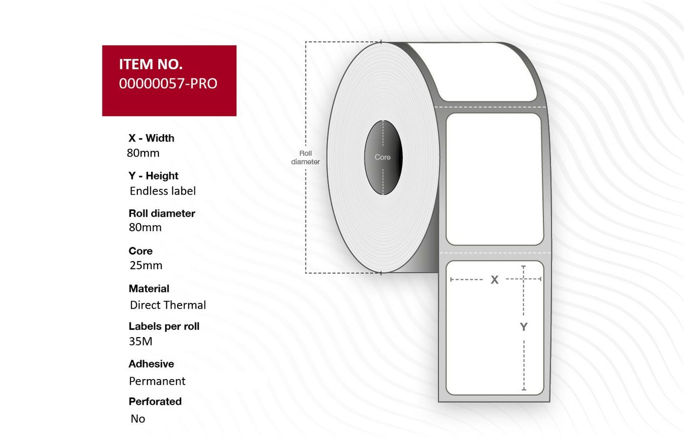 White roll of thermal labels with dimensions labeled, featuring a core diameter of 35mm, endless label design, and adhesive backing for easy application.
