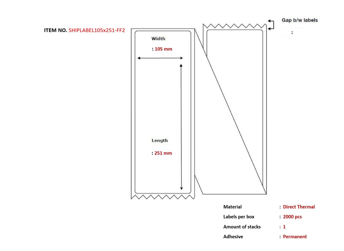 White label sheet with dimensions 105 x 251 mm, featuring direct thermal material, permanent adhesive, and labeled details for quantity and specifications.
