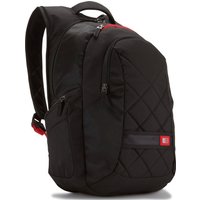 Black Case Logic DLBP-116 backpack with quilted front, red accents, and multiple zippered compartments.