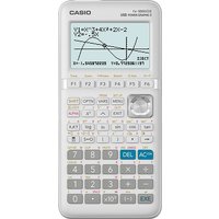 Casio FX-9860GIII white pocket graphing calculator with large screen, multiple buttons, and graph display.