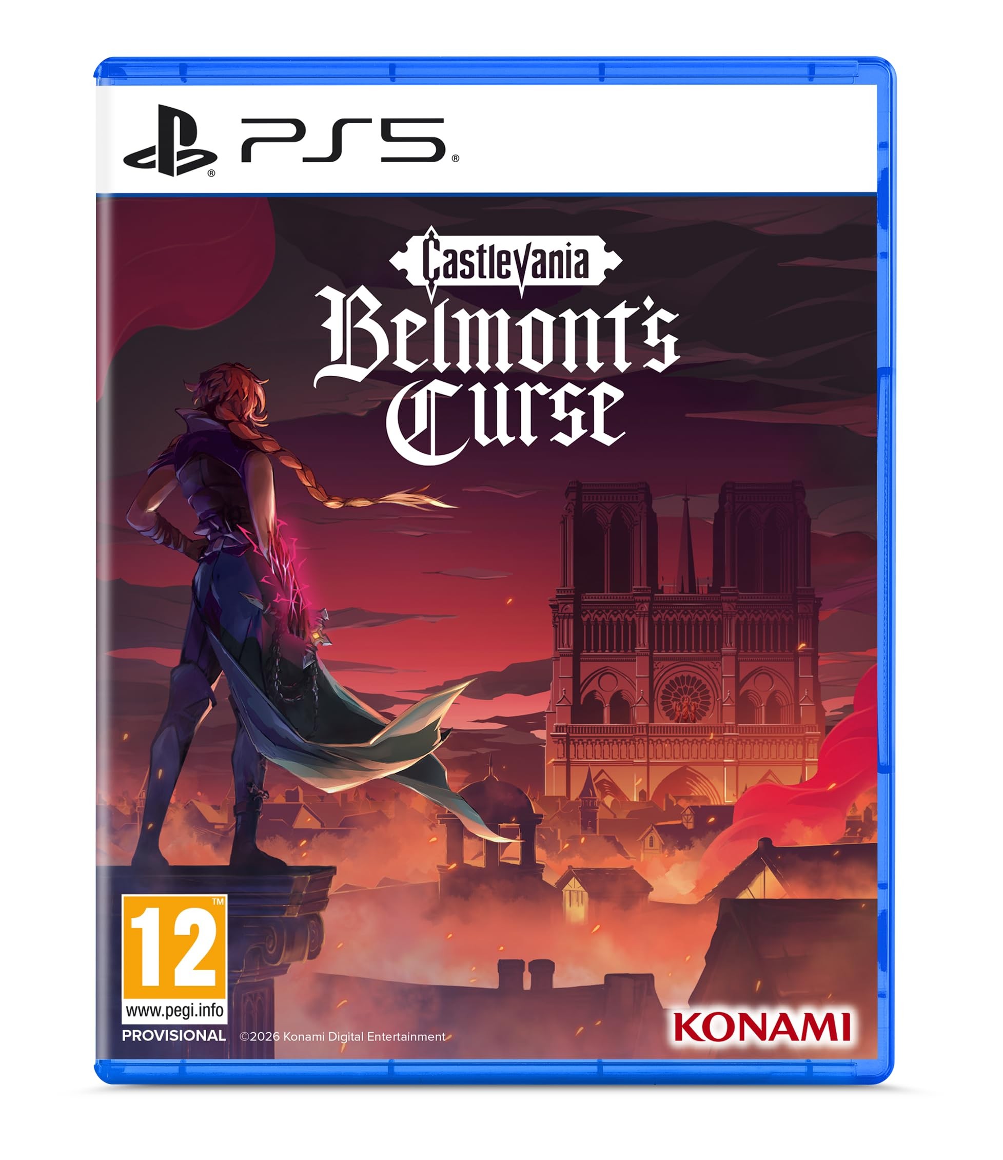 PS5 game case for "Castlevania: Belmont's Curse" featuring a dark, gothic design with a prominent character silhouette and a castle backdrop, highlighted in deep reds and purples.