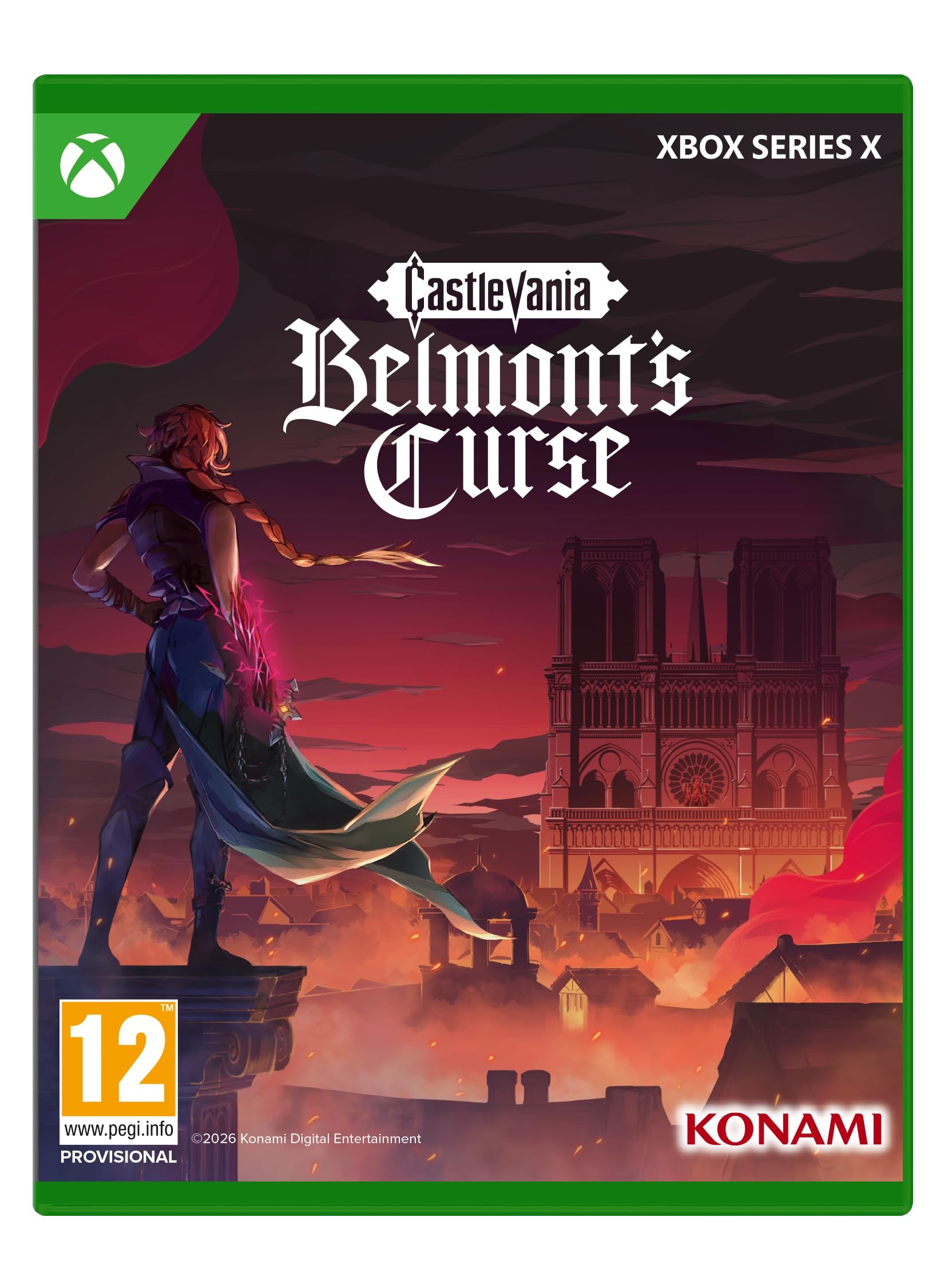 Green Xbox Series X game case featuring "Castlevania: Belmont's Curse" title, with a dark, gothic artwork of a character overlooking a castle and a prominent 12+ rating.