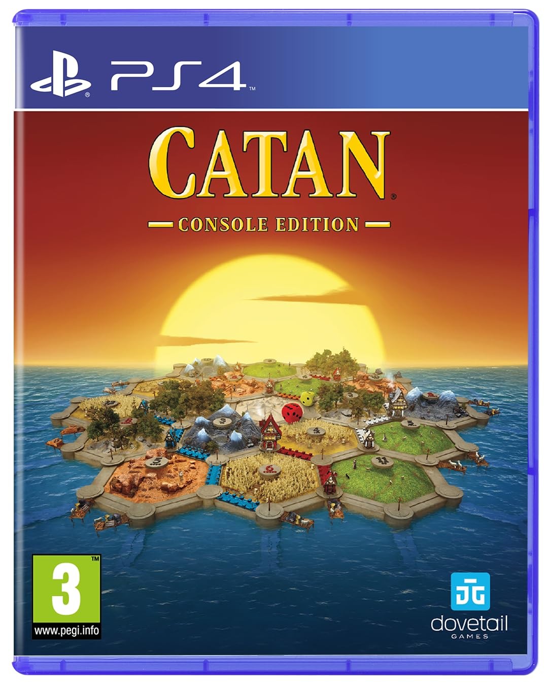 Catan - PlayStation 4 game cover featuring a vibrant sunset over a colorful island landscape with hexagonal tiles, showcasing resources and settlements.