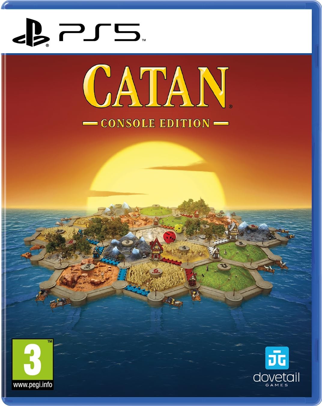 Catan Console Edition for PS5 features a vibrant cover with a colorful island landscape, sun setting in the background, and game elements like settlements and roads prominently displayed.