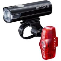 Black Cateye AMPP 500S front bike light and red VIZ 150 rear light, both USB rechargeable with mounting brackets.