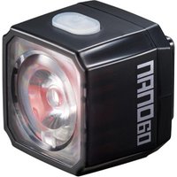 Black Cateye Nano 60 lumens rear light with USB port, clear lens, and white power button on top.