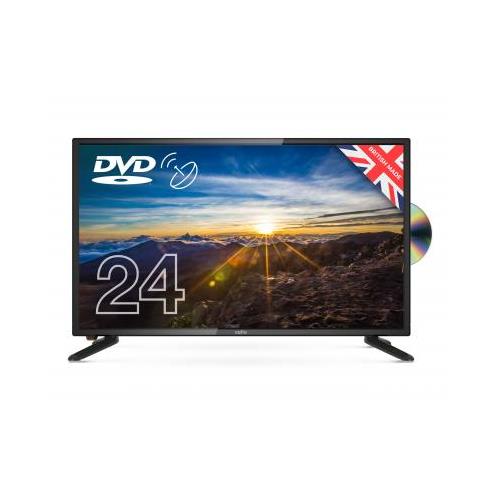 61 cm (24") black HD TV by Cello with a slim design, featuring a DVD logo, a scenic mountain sunset display, and a prominent "24" label on the screen.