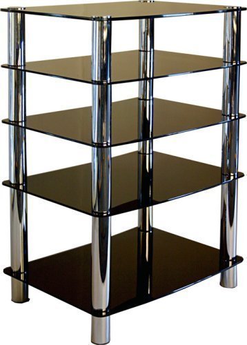 Premium multimedia stand featuring five black glass shelves supported by sleek silver legs, offering a modern and stylish design for any space.