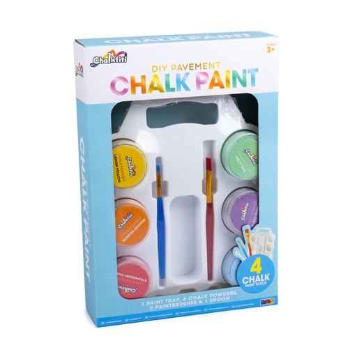 Colorful Chalkfiti Chalk Paint Craft Set featuring six chalk powder containers in vibrant colors, two paintbrushes, a paint tray, and a spoon, all packaged in a bright blue box.