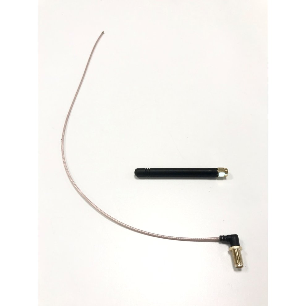 Black cylindrical antenna with a gold connector, accompanied by a flexible cable with a right-angle connector, all set against a plain white background.