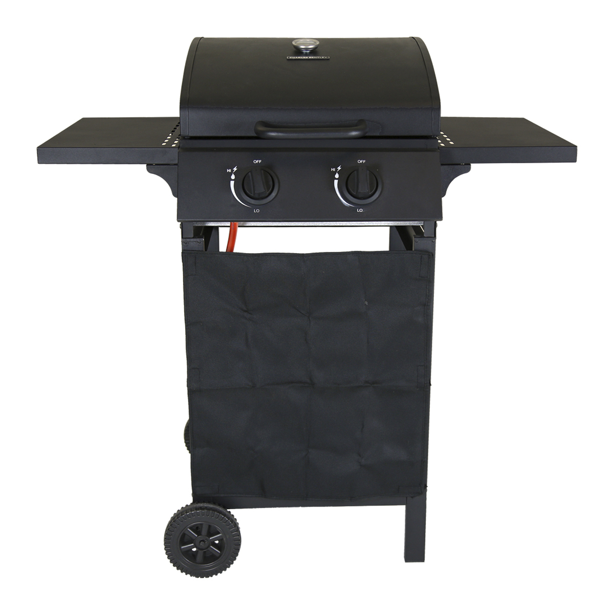 Black steel barbecue grill with two burners, side shelves, a lid with a handle, and a black storage bag, mounted on a wheeled cart for easy mobility.