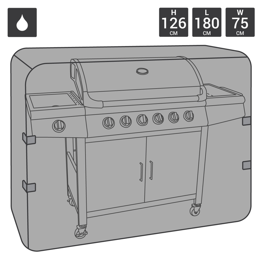 Large black waterproof gas BBQ cover by Charles Bentley, made from durable material, featuring a sleek design with adjustable straps for secure fit.