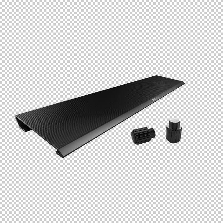 Black aluminum wrist rest with a textured surface, featuring rounded edges and two adjustable height components for ergonomic support.