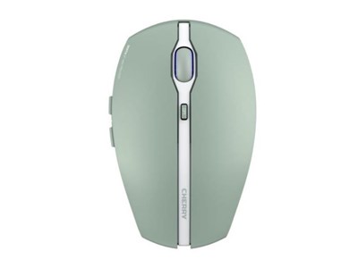 Agave green wireless Bluetooth mouse with a sleek design, featuring a central scroll wheel, side buttons, and a glossy finish, branded with the Cherry logo.