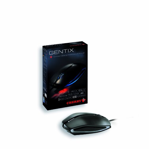Black Cherry JM-0300 Optical Mouse with USB connection, featuring a sleek design, textured grip, and LED lighting accents, displayed alongside its packaging.